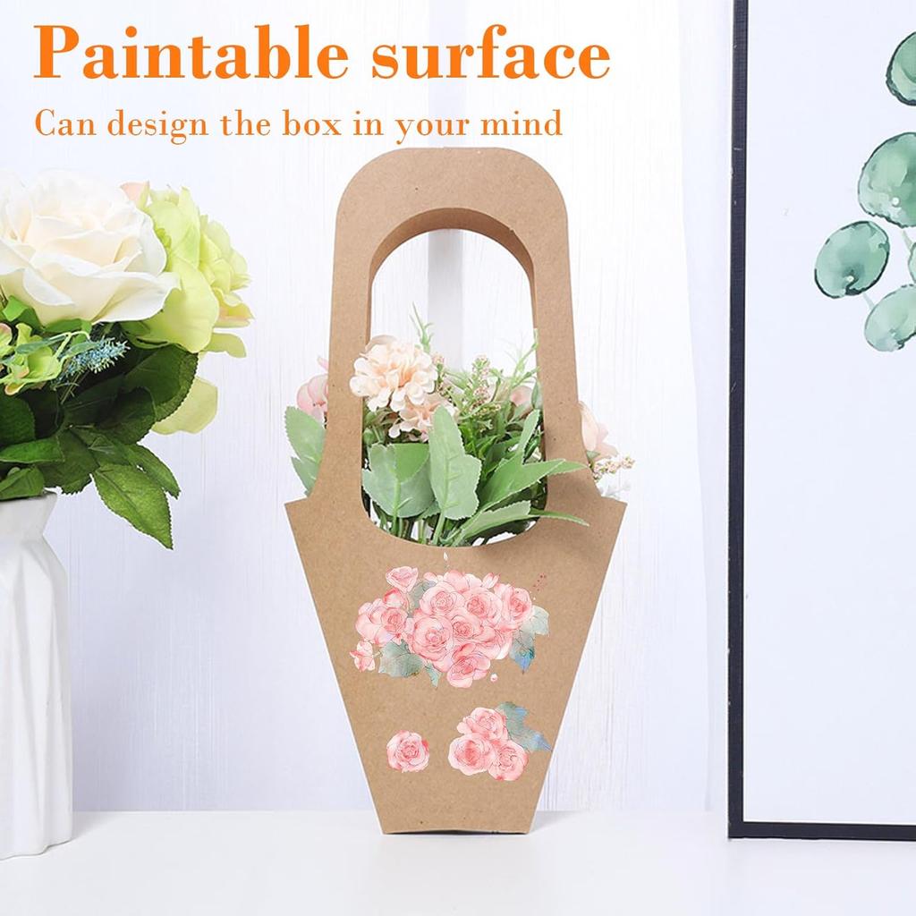 Merkaunis 50 Pcs Flower Bouquet Bags with Handle, Kraft Paper Flowers Gift Bags, Paper Brown Creative Cone Flower Sleeves, Hanging Kraft Paper