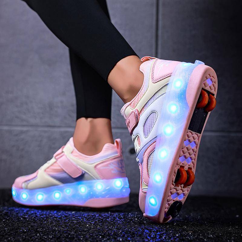 Kid's Luminous Sneakers Led Light Shoes Children's /Boys /Girls USB Charging Glowing Wheels Parkour Roller Skate Shoes