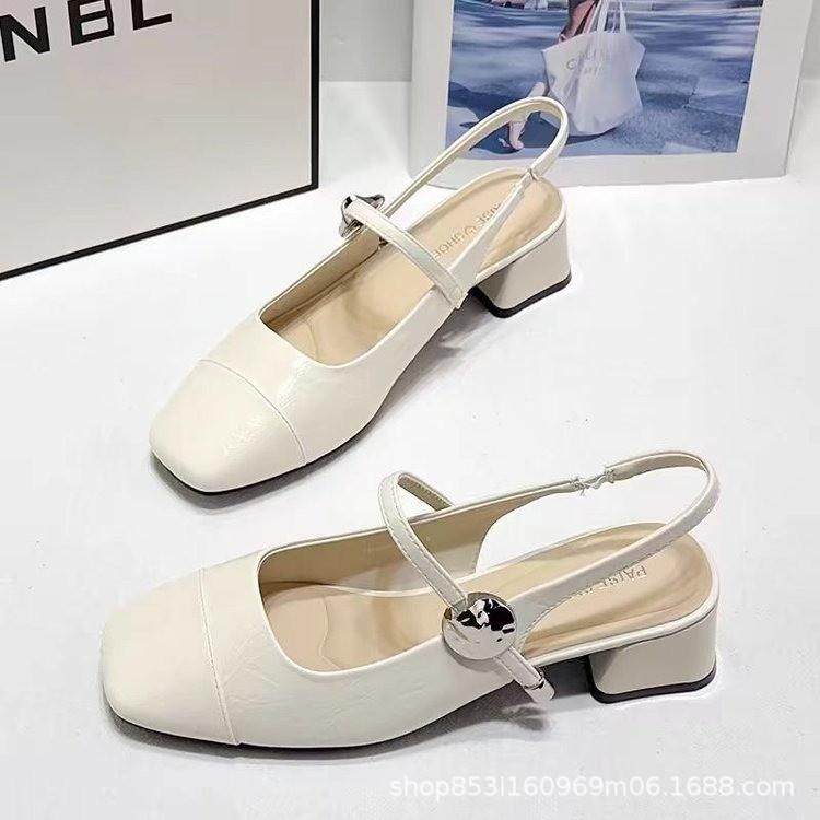 Französisches Temperament quadratischer Kopf Mary Jane Sandalen 2025 Sommer neu schlicht dicker Absatz Ein-Wort-Schnalle Tasche Kopf Sandalen Damen