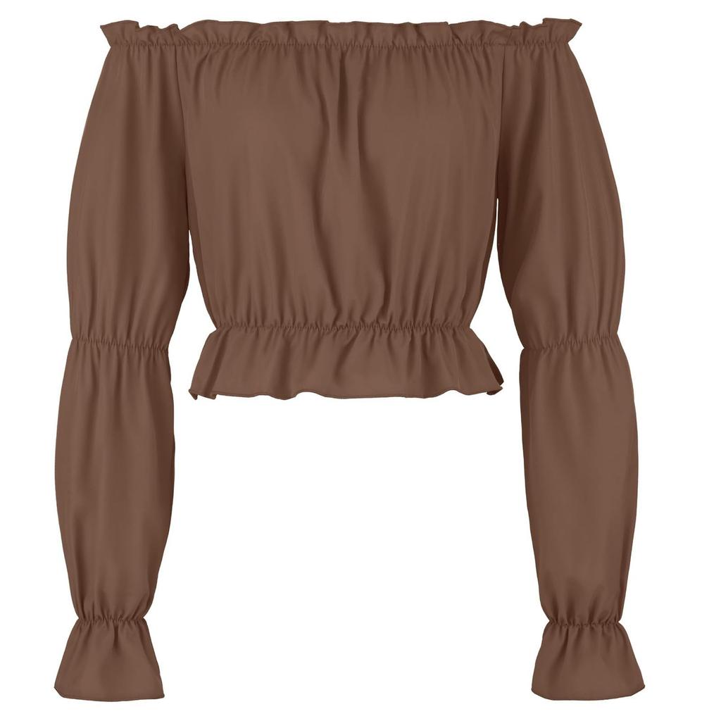 Women's Fashion Solid Color Long Sleeved Off Shoulder Pleated Strapless And Exposed Navel Shirt Top