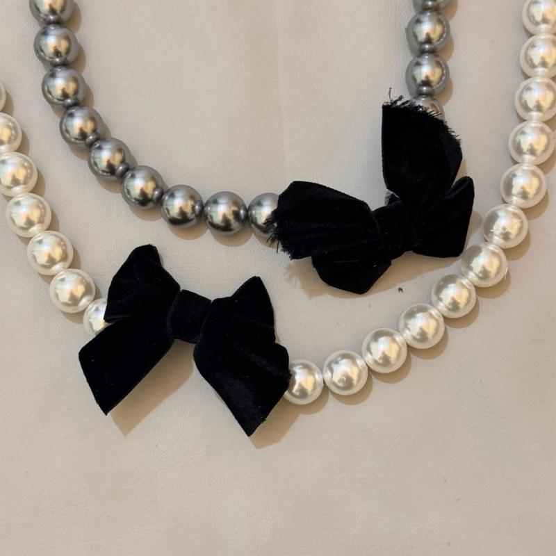 Colar Punk com Pérolas e Contas, com Pingente Larga Laço Preto, Correntes de Pescoço Góticas da Moda para Mulheres