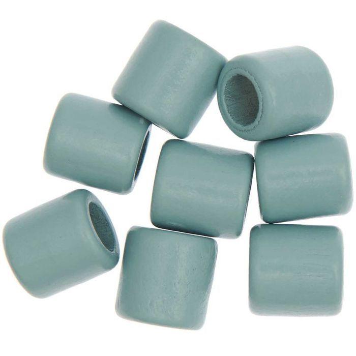 8 Cylindrical Beads - Turquoise Wood - 17 Mm