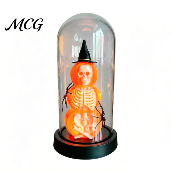 Unique Halloween Gift Decoration, Lighted Skeleton in Clear Dome Cloche with Warm Glow, Battery Year-round Decor Operated Skull Lamp Witch Hat