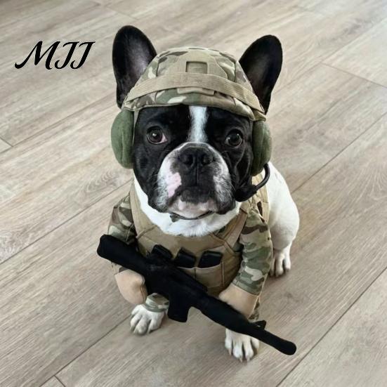 Pet Soldier Helmet Set Dog Tactical Costume, Halloween Military Outfit, Harness Funny Puppy Clothes Uniform with Hat, Cosplay Outfit for
