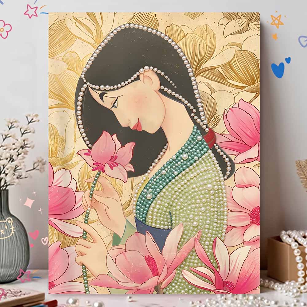 Disney Pearl Painting Mulan Portrait for Beginners and Adults, DIY Pearl Diamond Art Painting Kit for Home Wall Decor Gifts
