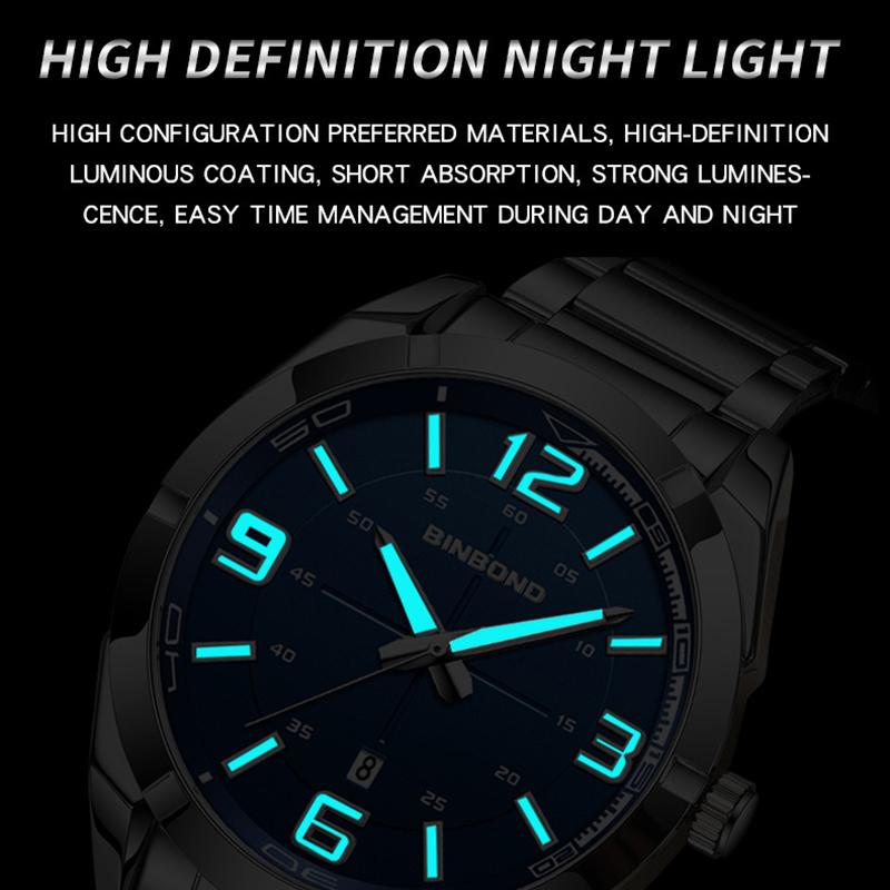 BINBOND Men's Watch Big Digital Fashion Business Waterproof Calendar Night Light Stainless Steel Quartz Men's Watch Men's Gift