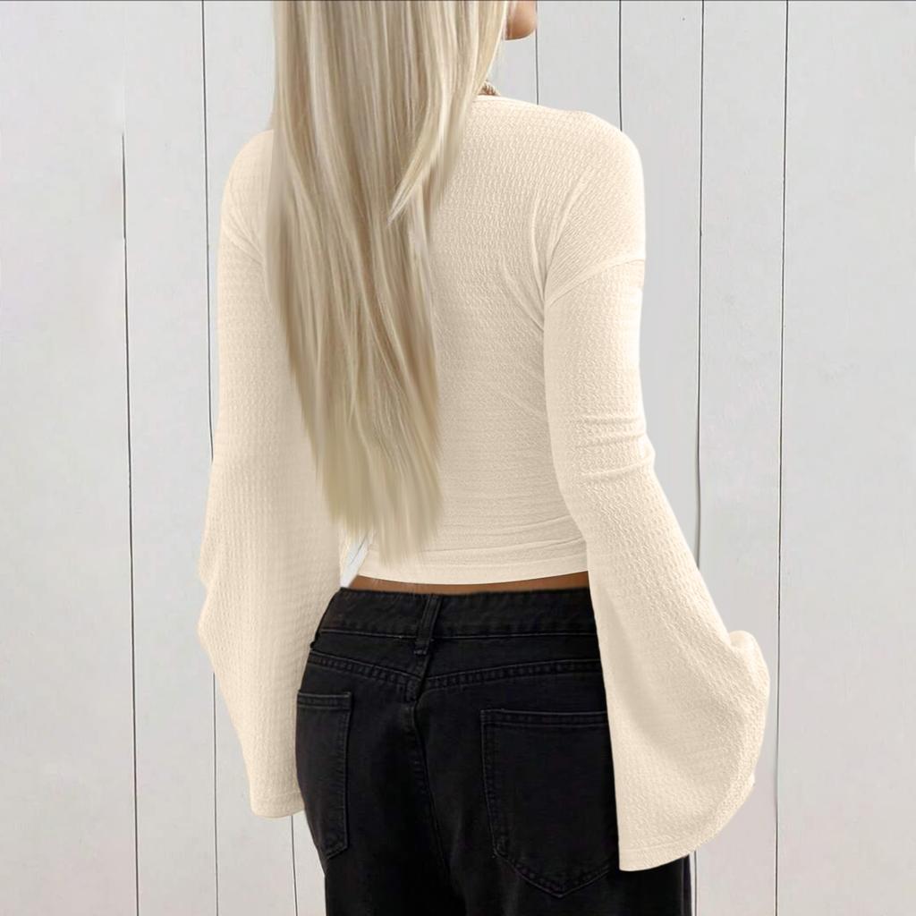 Women's Deep V-Neck Blouse, Long Bell Sleeves, Cropped Fitted Color Top