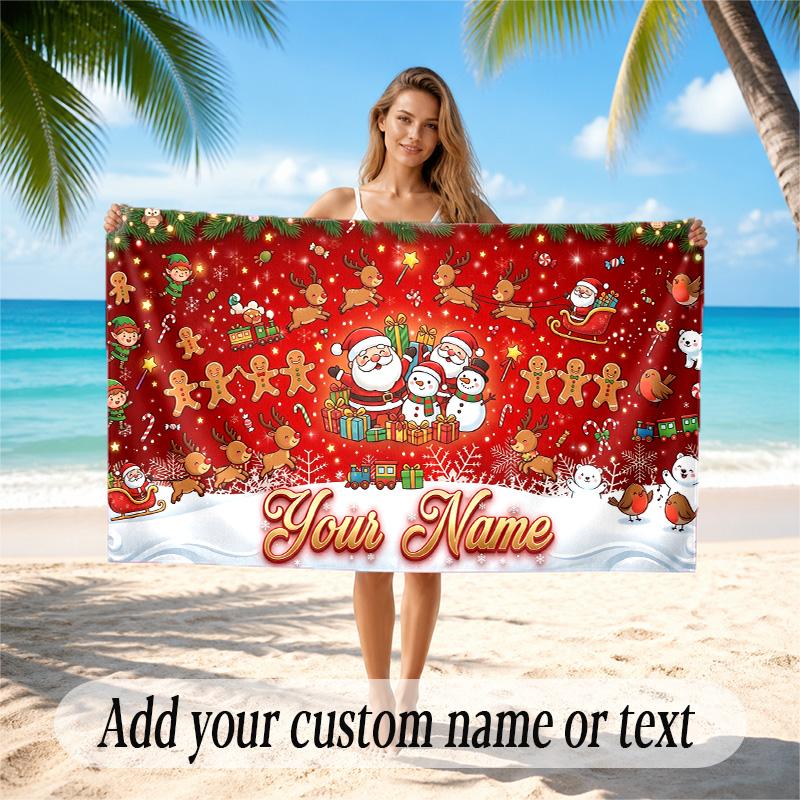 Christmas Theme Quick Dry Beach Towel Custom Name Text Print Large Sand Resistant Towel Beach Vacation