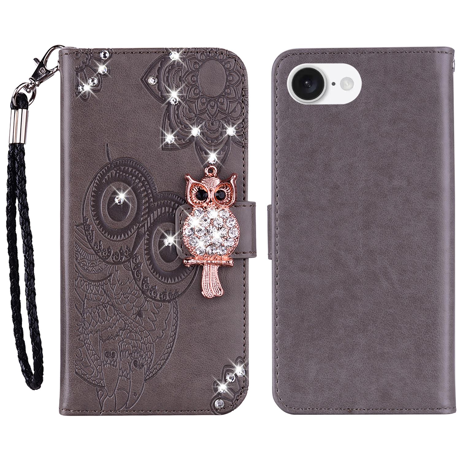 

For iPhone 16e Wallet Case Owl Flower Imprinted Rhinestone Leather Cover Grey