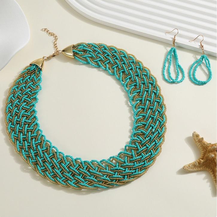 Handmade Rice Beads Necklace Earrings for Women Bohemian Retro Jewelry Accessories