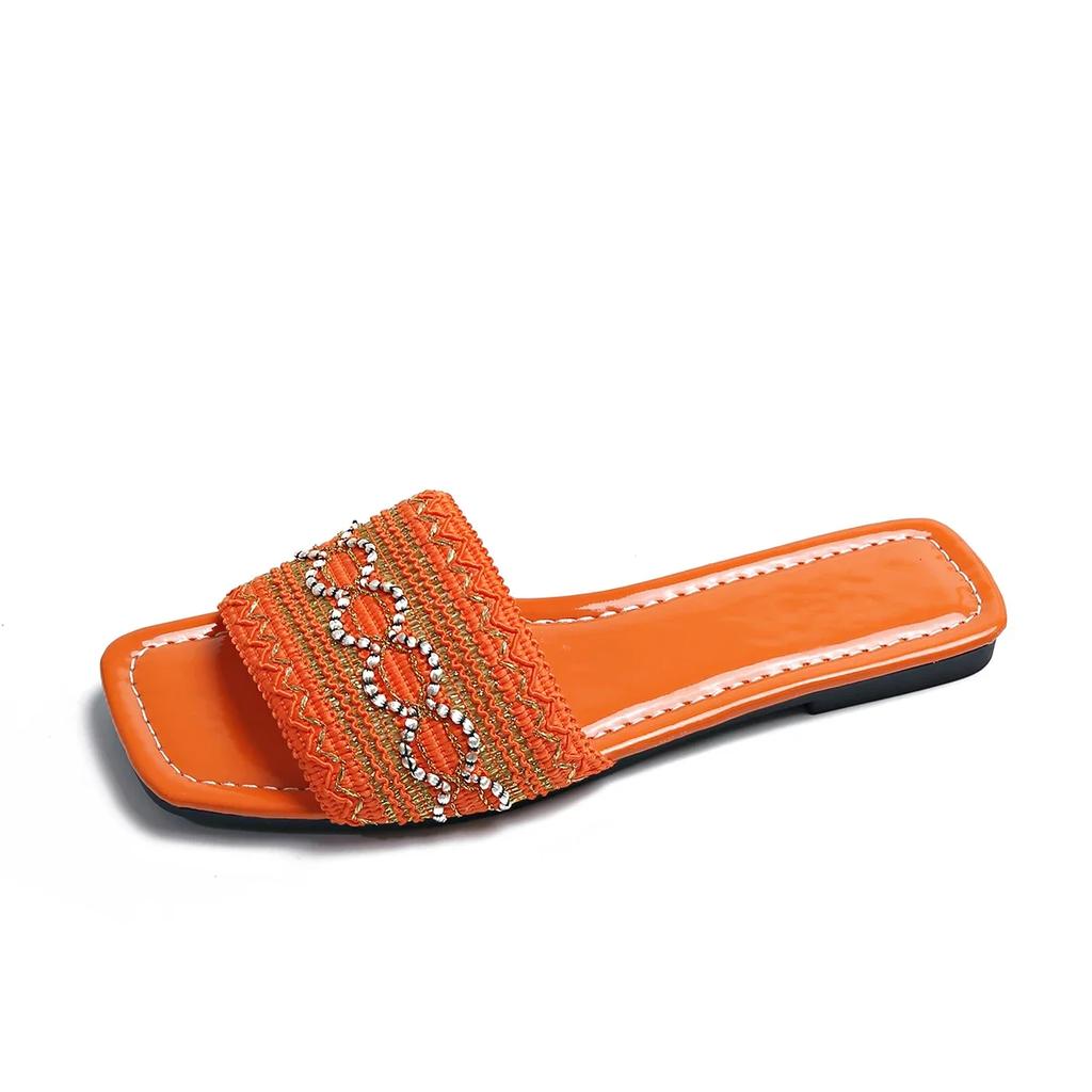 Fashion Woman Shoes 2025 Open Toe Slippers Women Plus Size Casual Comfortable Mixed Colors Sandals Square Toe String Bead Flat Slippers