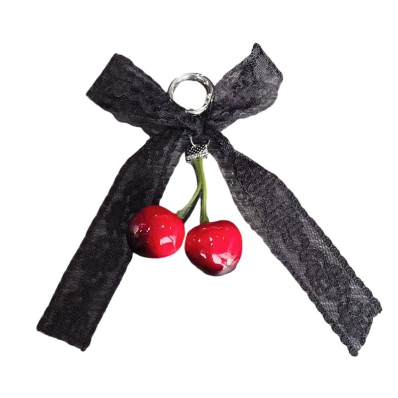 

Cherry Pendant Keychain With Bowknot Fashionable Cherry Keychain with Pearlescent Bowknot Accent for Trendsetters