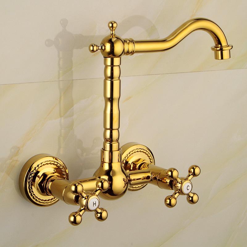 Luxury Gold Color Brass Bathroom Kitchen Sink Basin Faucet Mixer Tap Swivel Spout Wall Mounted Dual Cross Handles