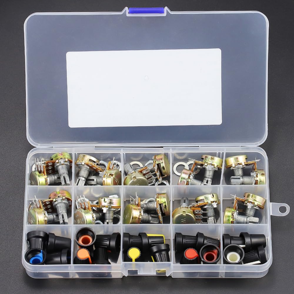 Glvaner Potentiometer B1K B2K B5K B10K B20K B50K B100K B250K B500K B1M Set of 20 with Storage Case and Cap Knob White Volume Control Rotary Red,