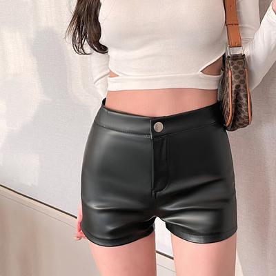 2022 New European And American Women's High Waist Bodycon Pu Leather Goth Elastic Tight Sexy Black Short