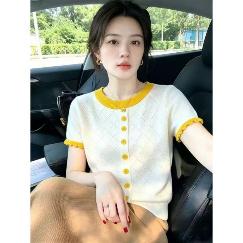 Knitted Top for Women In Summer, New Style, Front-opening Diamond-patterned, Open Wooden Ear Detail, Elegant Short-sleeved T-shirt Top