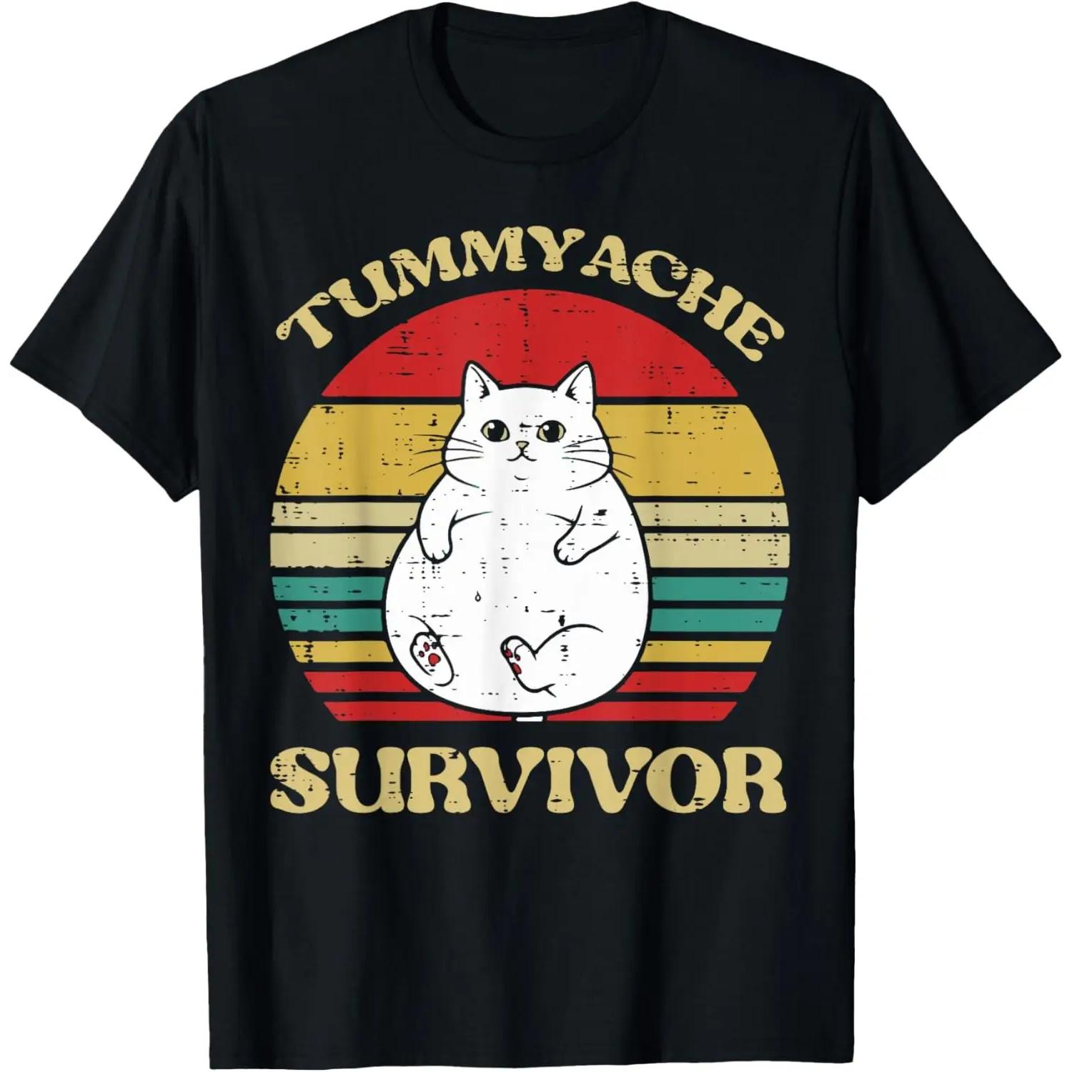 

Ladies Funny Cat Tee Tummyache Survivor Printed Short Sleeve Casual Summer Top for Retro Style Lovers and Women Clothing S чёрный