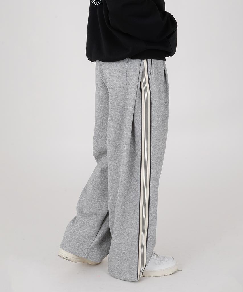 Opeumeideu [Fleece Lined] Side Pintuck Track Line Elastic Waist Sweatpants Wide Training Pants_Gray