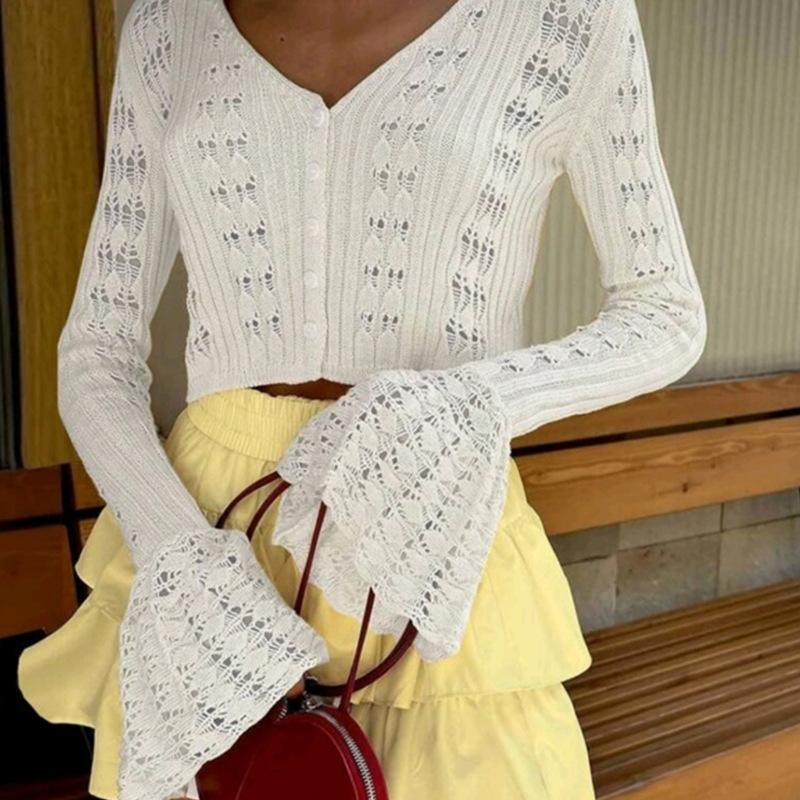 A Design-sense Hollowed-out Spicy Girl Knitted Cardigan In Solid Color, Long-sleeved V-neck, Short Flared Sleeve Top and Blouse