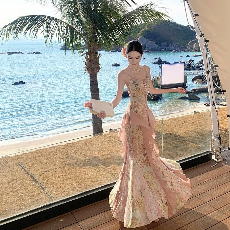 Island Photo Floral Ruffle Edge Fishtail Skirt Elastic Mesh Suspender Dress Vacation Beach Dress