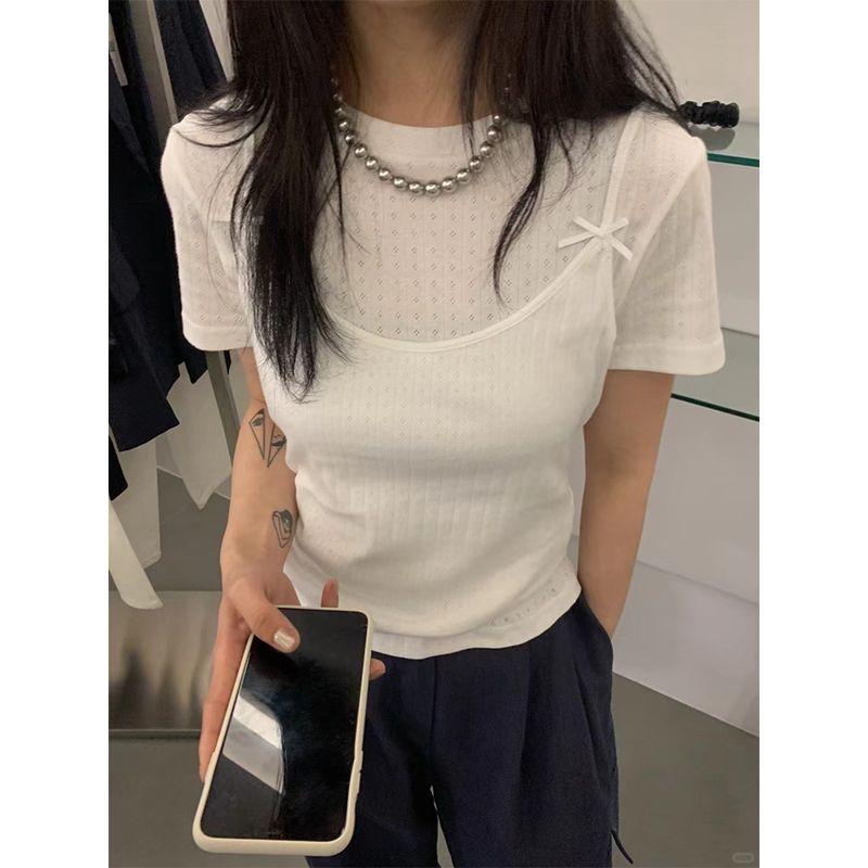 

K-стиль Винтажный бант Шикарный топ на бретелях Комплект из двух предметов Женский Нишевый стиль Западный стиль Облегающий Стройнящий Короткий топ Модный White S