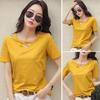 Damen T-Shirt mit V-Ausschnitt, kurzärmelig, einfarbig, lockere Sommerbluse