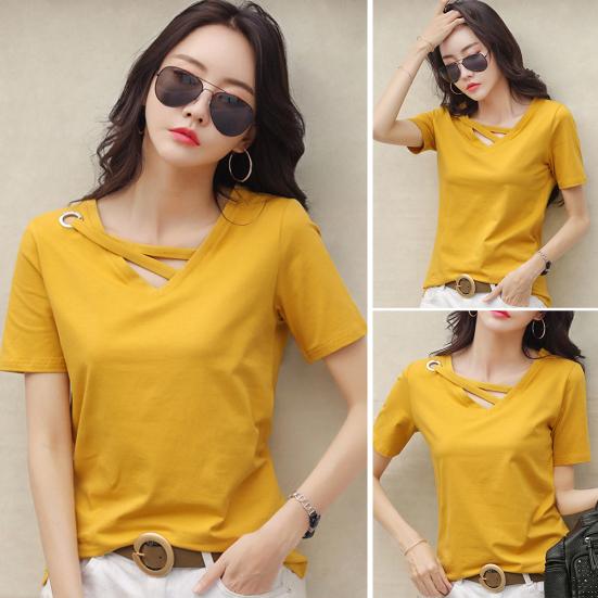 Damen T-Shirt mit V-Ausschnitt, kurzärmelig, einfarbig, lockere Sommerbluse