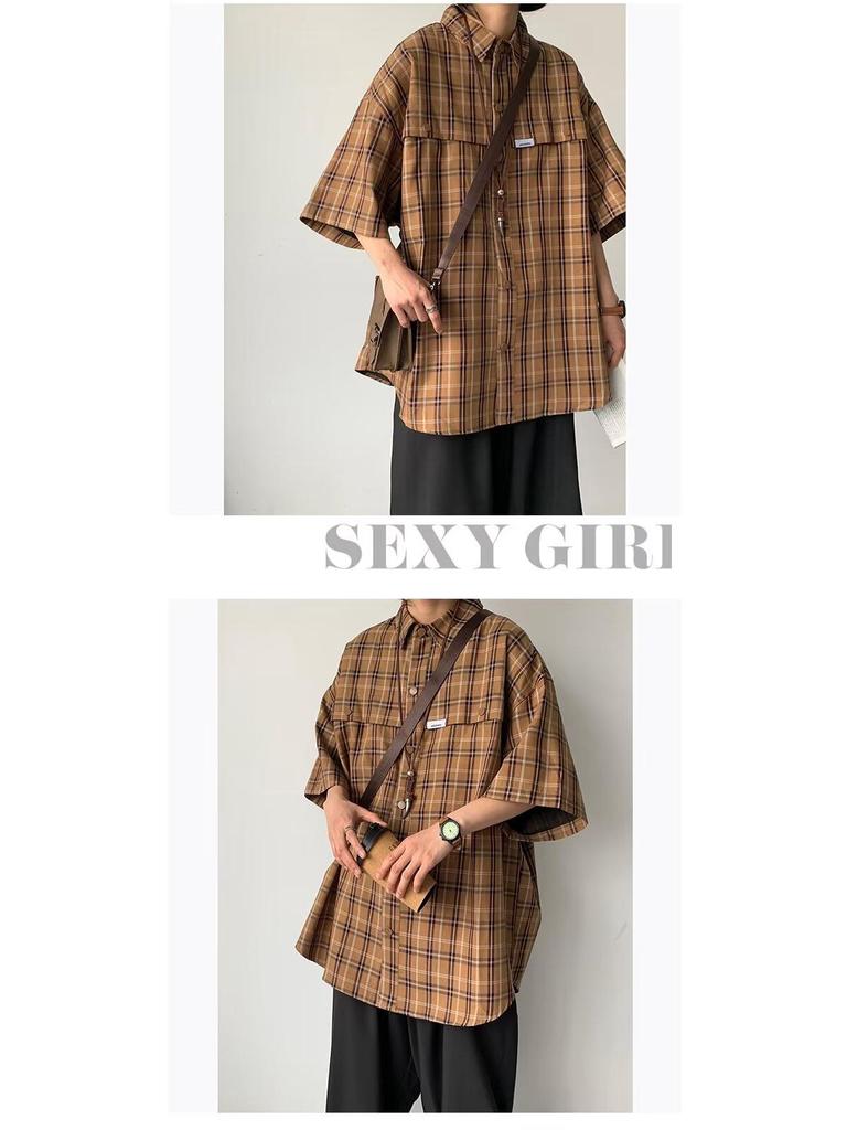 Men's Classic Japanese Retro Plaid Shirt - Short Sleeve, Loose Fit, Casual Summer Jacket.