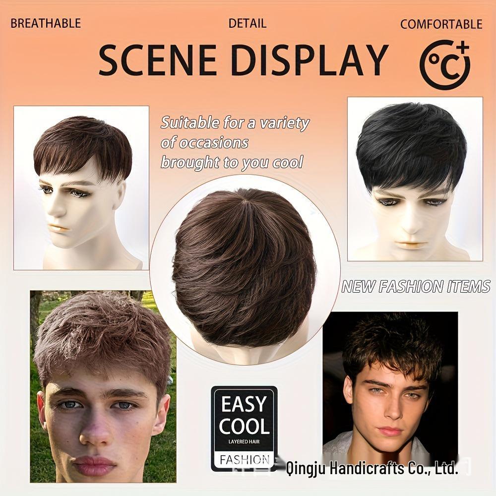 Men's Short Straight Human Hair Wig - Lightweight, Breathable, Natural Texture Hair Topper