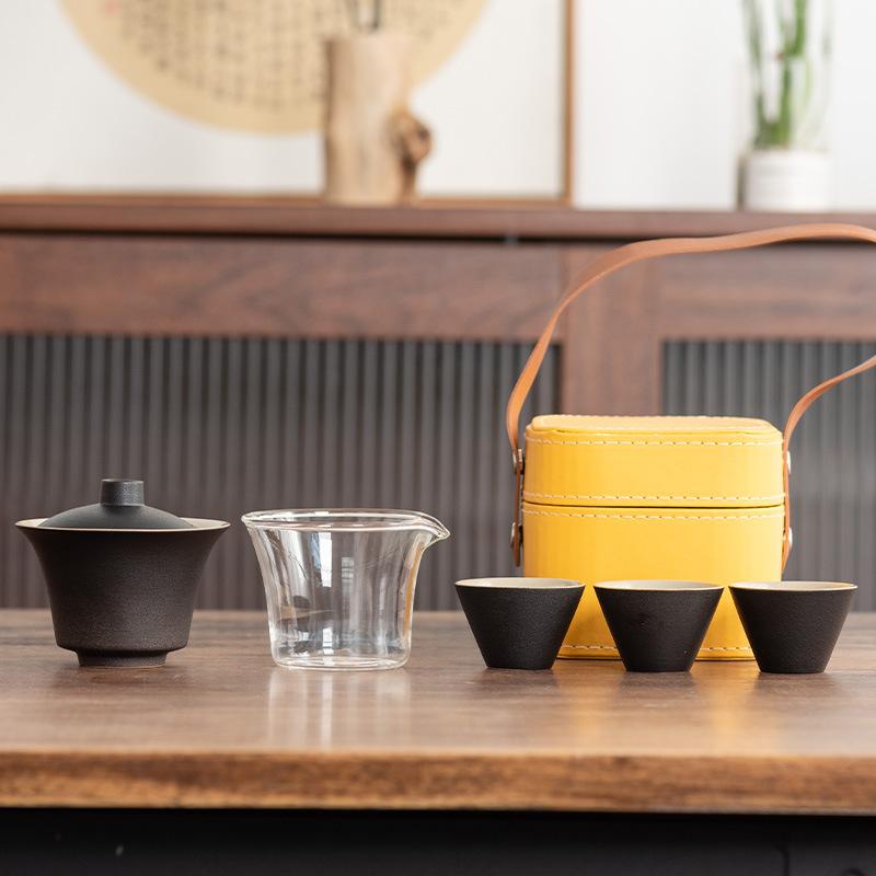Light Luxury Travel Tea Set Cover Bowl Kuaike Three Cups Outdoor Portable Handbag High-end Ceramic Glass Tea Maker Gift