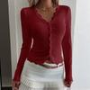 Women V-Neck Lace Patchwork Striped Cardigan Long Sleeve Casual T-Shirt Top