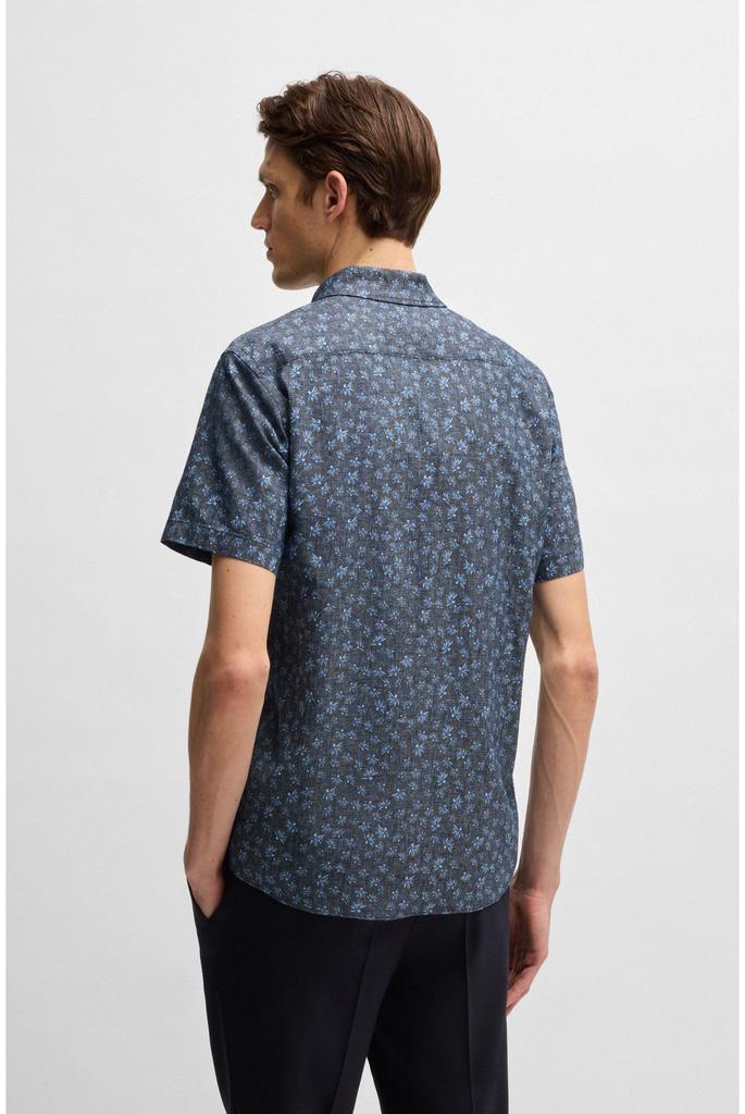BOSS Schmal geschnittenes Blumenprint Stretch-Leinen Dunkel Größe L Herrenhemd, Blau,