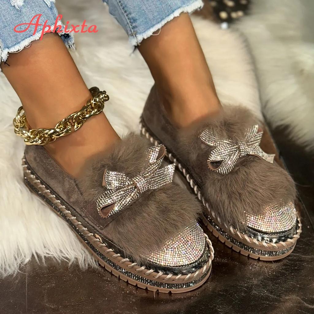 Aphixta Furry Crystal Bow Dec Women's Casual Shoes 3cm Flat Platform Loafers Short Plush Warm Autumn Winter Woman Flats Size 43