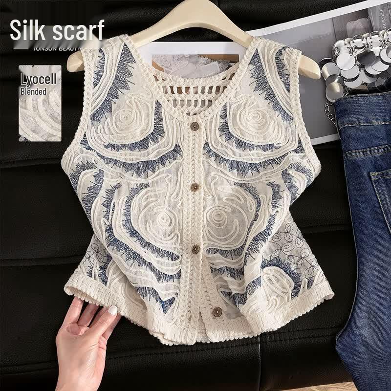 Women s Lyocell Blend Embroidered V-Neck Knitted Vest One Size
