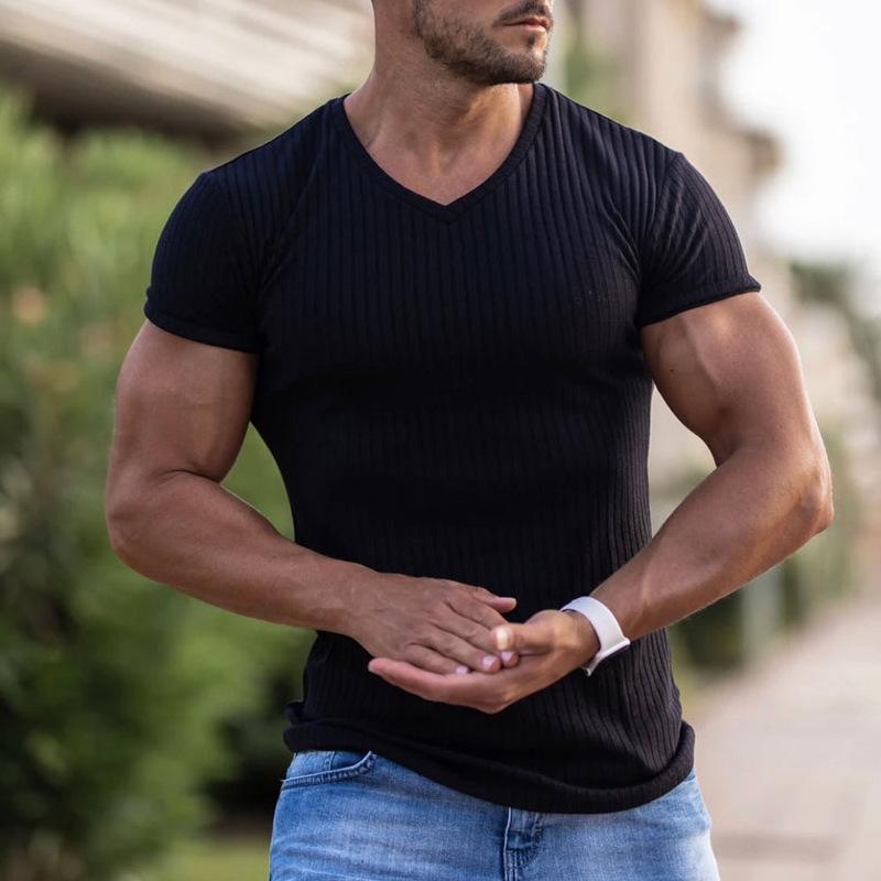 Summer Slim V-neck Sports Breathable Physical Spot Solid Color Short-sleeved Sweat T-shirt Men Short Sleeved