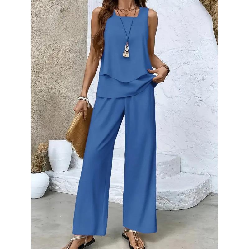 New spot European and American women's clothing hot-selling sleeveless double-layer vest pants set T-shirt