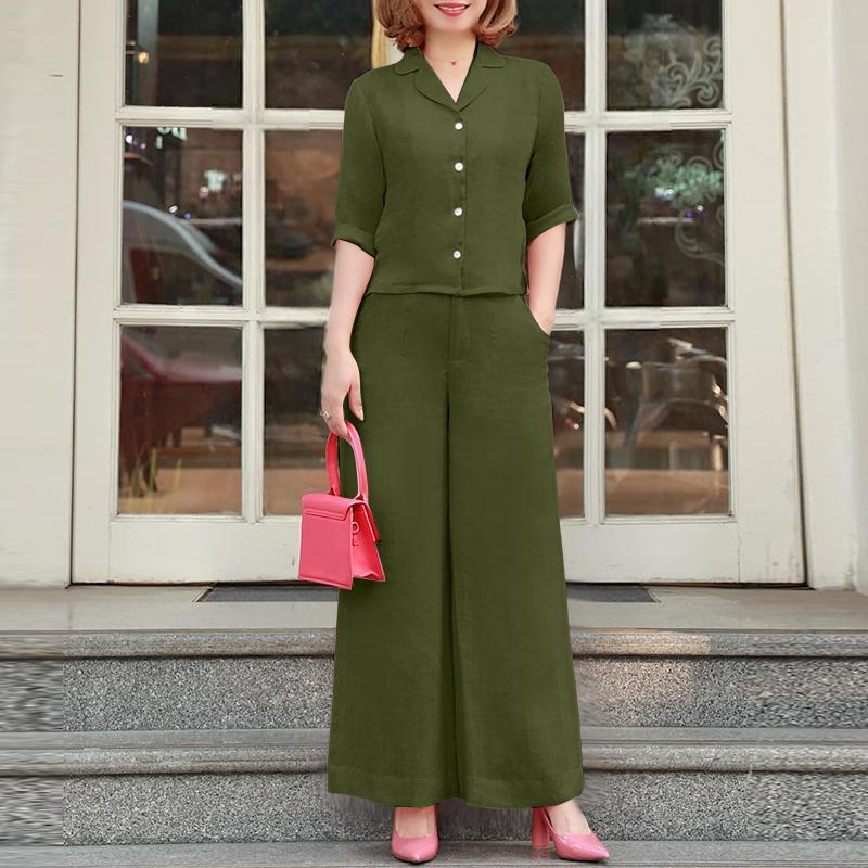 

ZANZEA Женские повседневные комплекты из блузки и брюк с рукавом 3/4 из двух предметов 4XL армия зеленый