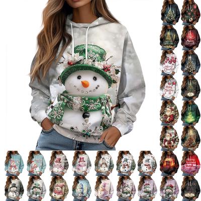 Damen Sweatshirt mit Weihnachtsmuster, langärmelig, lockerer Kordelzug, Kapuzenpullover