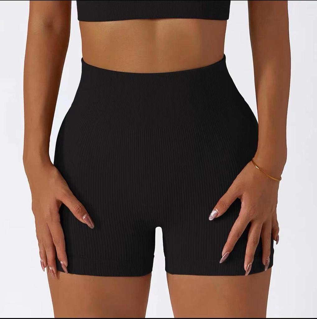 High-Waisted Seamless Ribbed Yoga Shorts for Fitness and Running