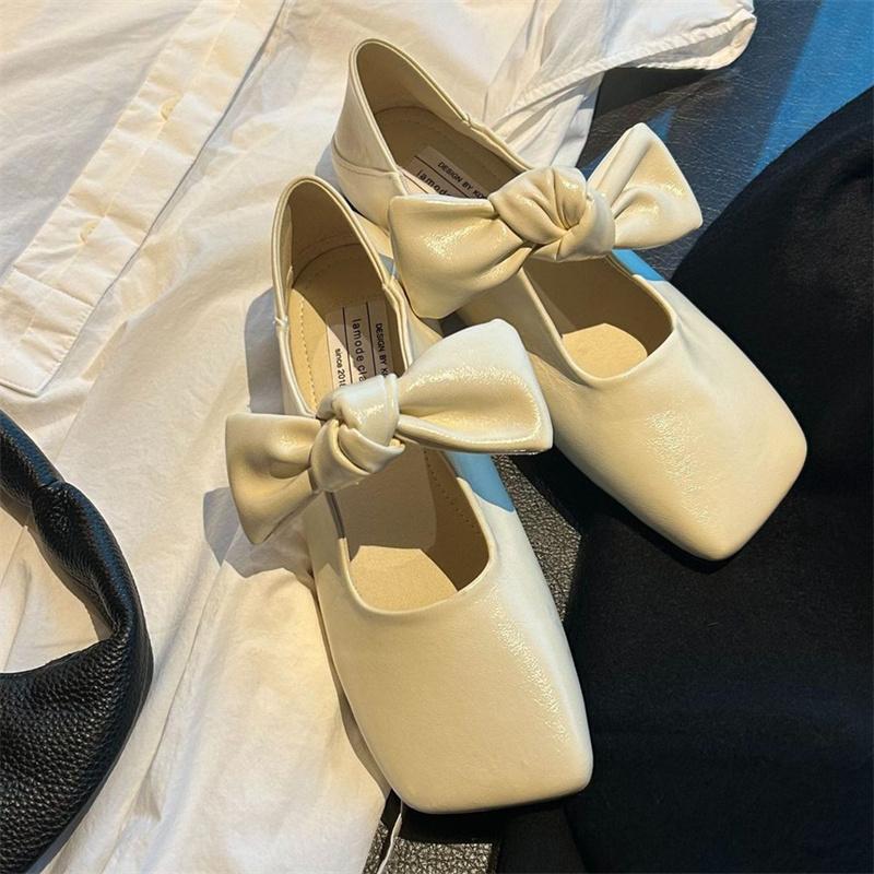 Fashion IPPEUM Women Elegant Leather Mary Jane With Square Toe With Bow Brown Ballet Flats