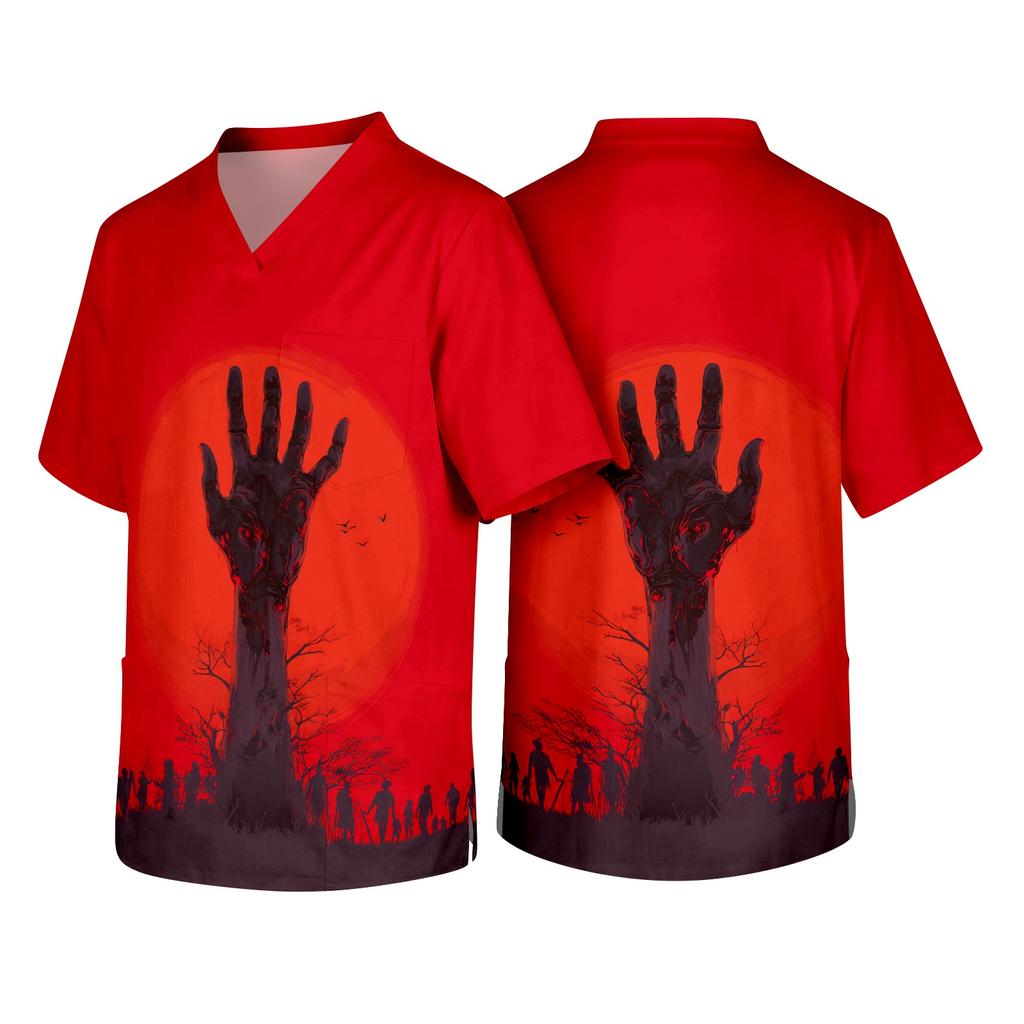 Men V Neck Short Sleeve Halloween Print Chest Pocket Scrub Top Classic Fit Comfortable Workwear Uniform Shirt