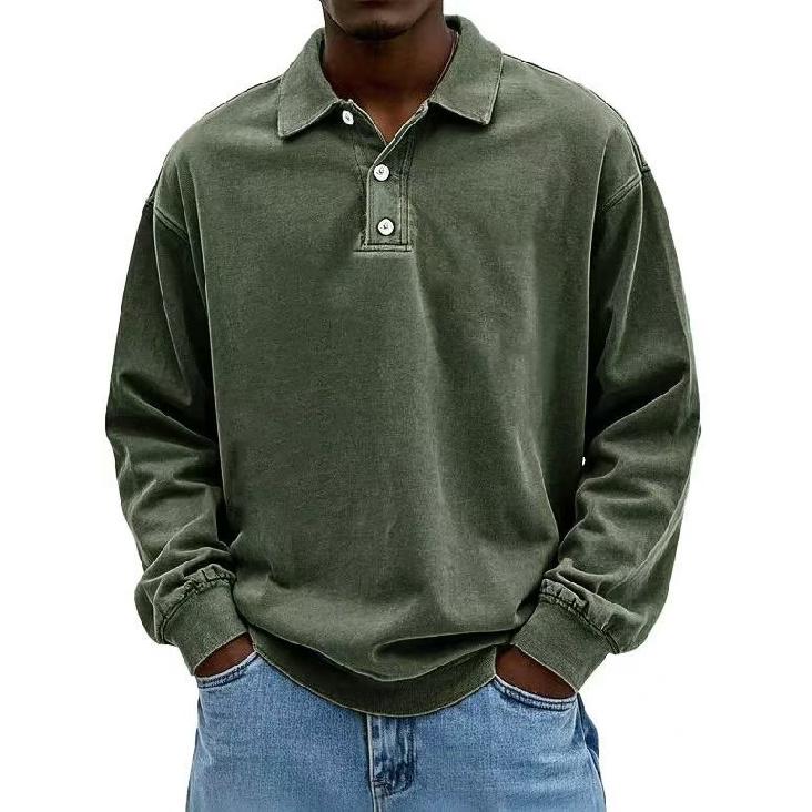 Men's Casual Versatile Long Sleeve Button Lapel Polo Shirt, Daily Business Commute Top