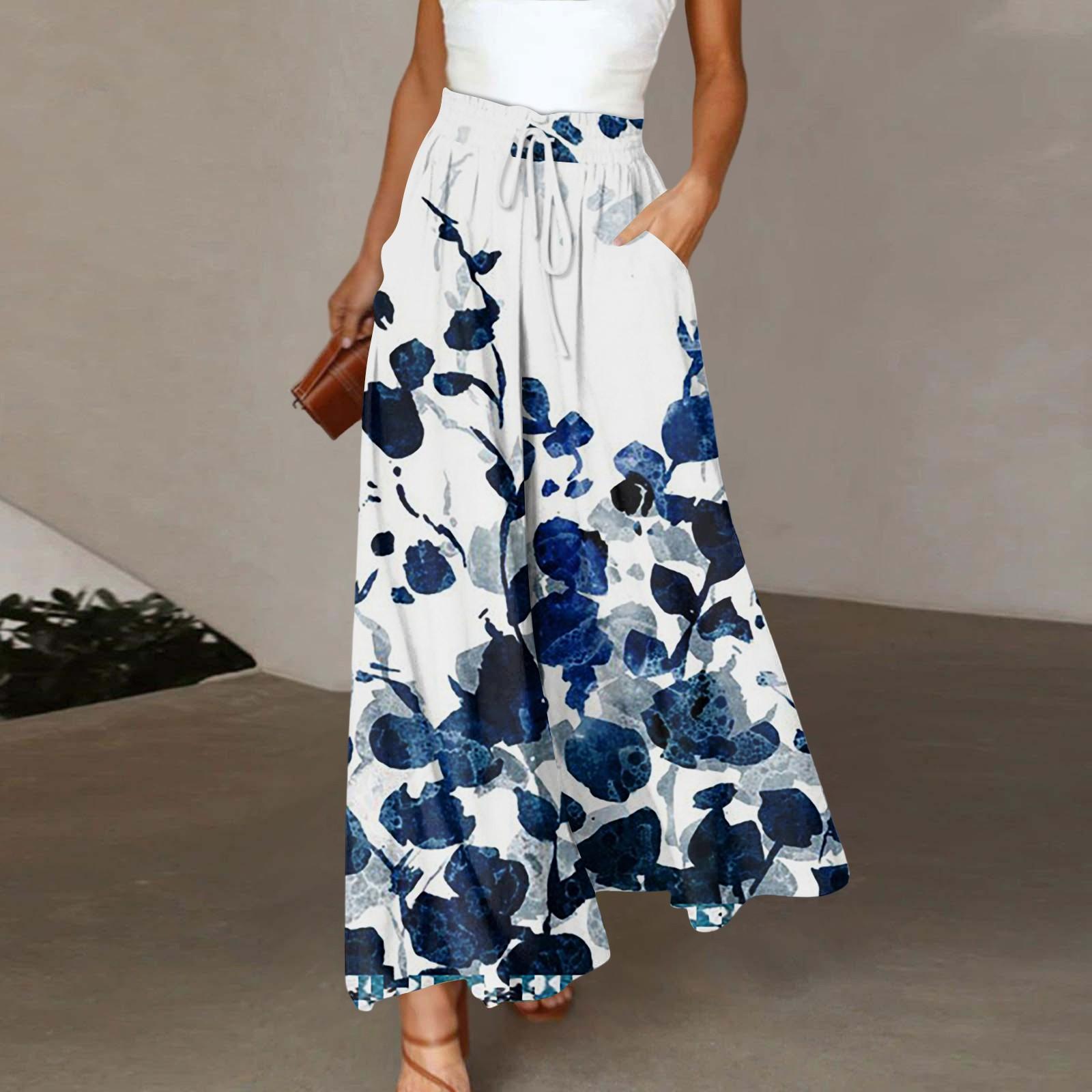 Women s High Waisted Wide Leg Pants Summer Casual Flowing Pocket Wide Leg Pants  Print Beach Pants L