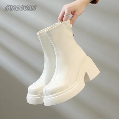 Stiefeletten mit dicker Unterseite für Damen, Frühlings- und Herbstmode, schwarz-weiße Damenschuhe, klobige High Heels, runder Kopf, kurze Botines
