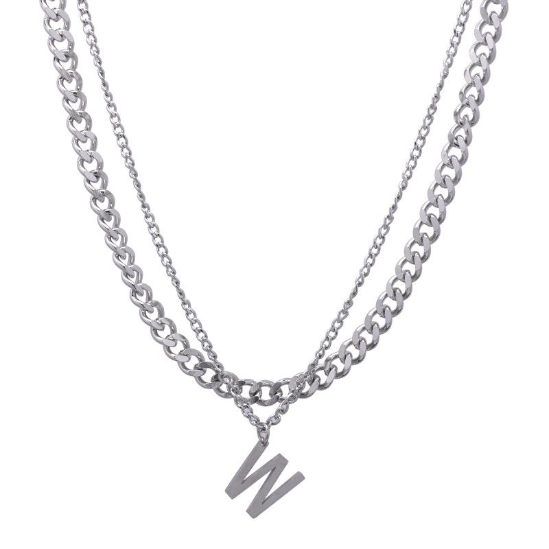 

Titanium Steel Personalized Letter W Necklace - Double-layered and Layered with Sweater Chains. Stylish, Simple, Hip-hop, Cuban Style. W