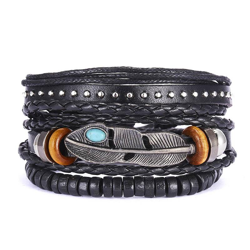 Vintage Multilayer Braided Leather Bracelet For Men Star Leaf Owl Handmade Rope Wrap Bangle Male Gift Jewelry