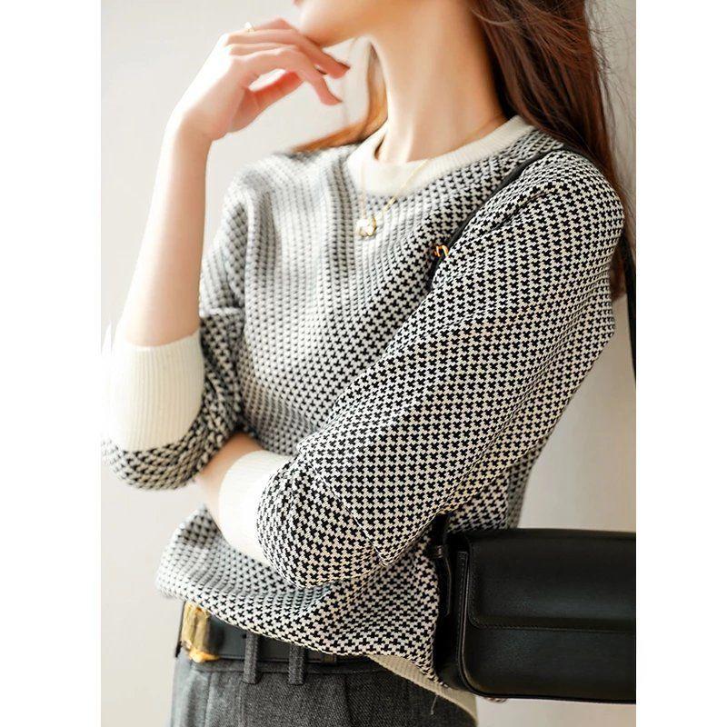 Fashion High-class Sense of Thousand Birds Check Women's Jumper Autumn and Winter Jacquard Knitted Bottoming Shirt Loose Tops