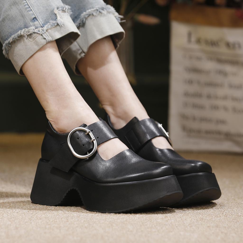Johnature Genuine Leather Thick Soled Shoes Retro Versatile Buckle Strap Thick High Heels Women's Shoes
