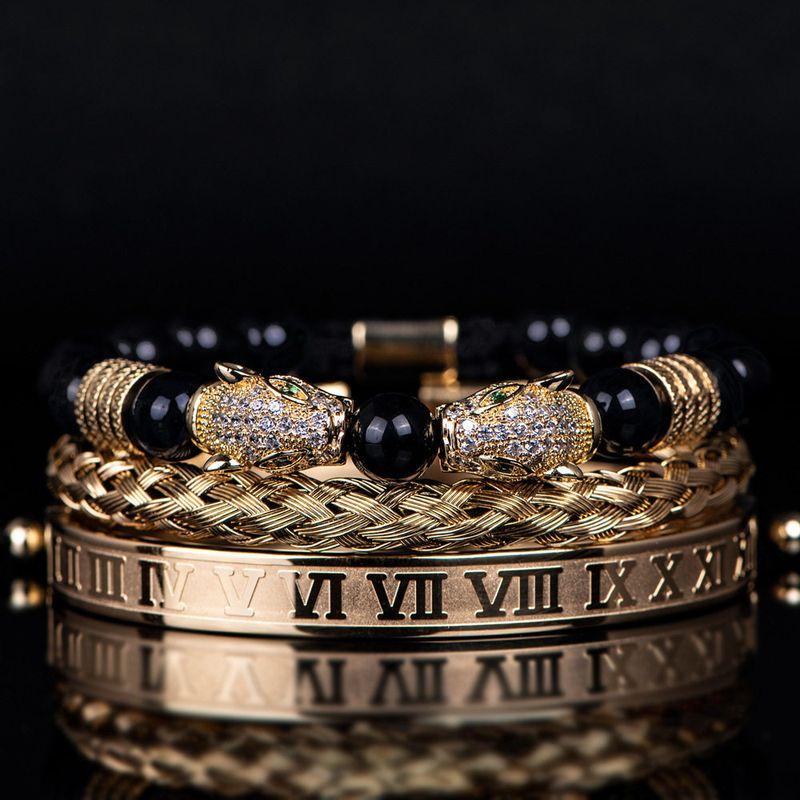 Men Black Double Leopard Head Braided Bracelet Stainless Steel Roman Numeral Bracelet Suit Fashion Retro Style