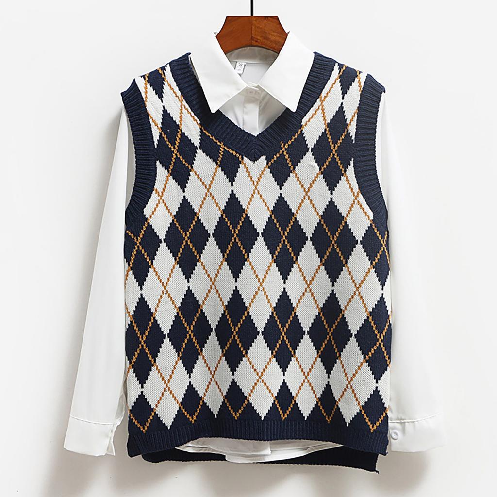 Women's Casual V-Neck Pullover Shirt Collision Color Sleeveless Sweater Vest